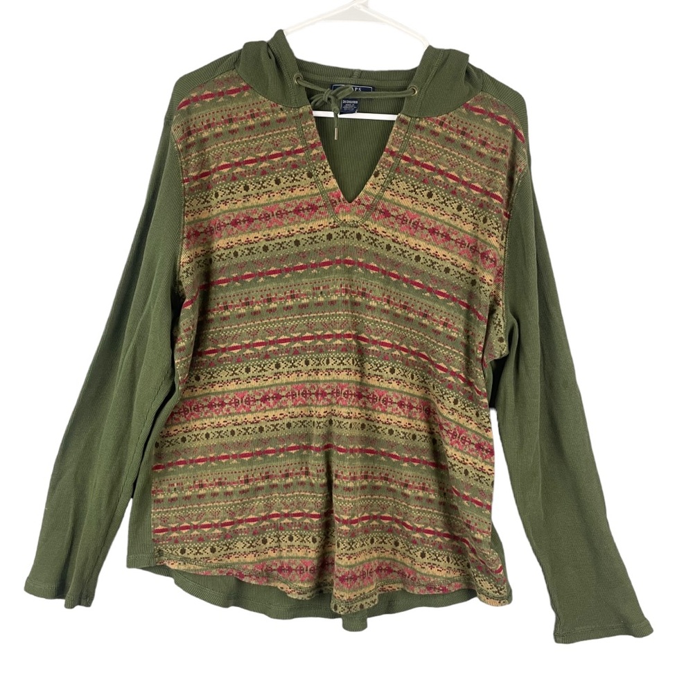 Chaps Pullover Hooded Top Waffle Knit Green